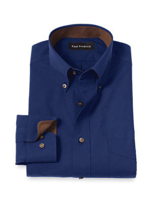 Non-Iron Cotton Solid Dress Shirt With Contrast Trim - Navy