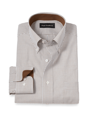 Non-Iron Cotton Check Dress Shirt With Contrast Trim - Brown/white