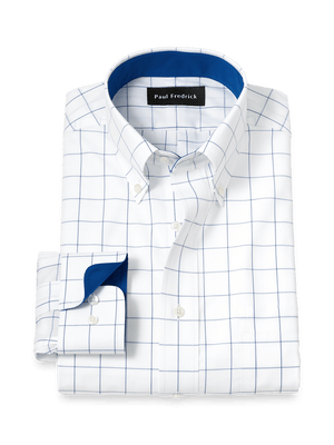 Non-Iron Cotton Windowpane Dress Shirt With Contrast Trim - Cobalt