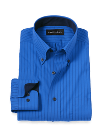 Non-Iron Cotton Stripe Dress Shirt With Contrast Trim - Blue