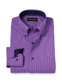 Non-Iron Cotton Stripe Dress Shirt With Contrast Trim - Purple