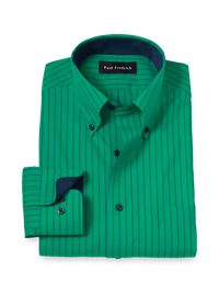 Non-Iron Cotton Stripe Dress Shirt With Contrast Trim - Green