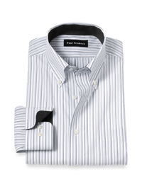 Non-Iron Cotton Stripe Dress Shirt With Contrast Trim - Grey/white