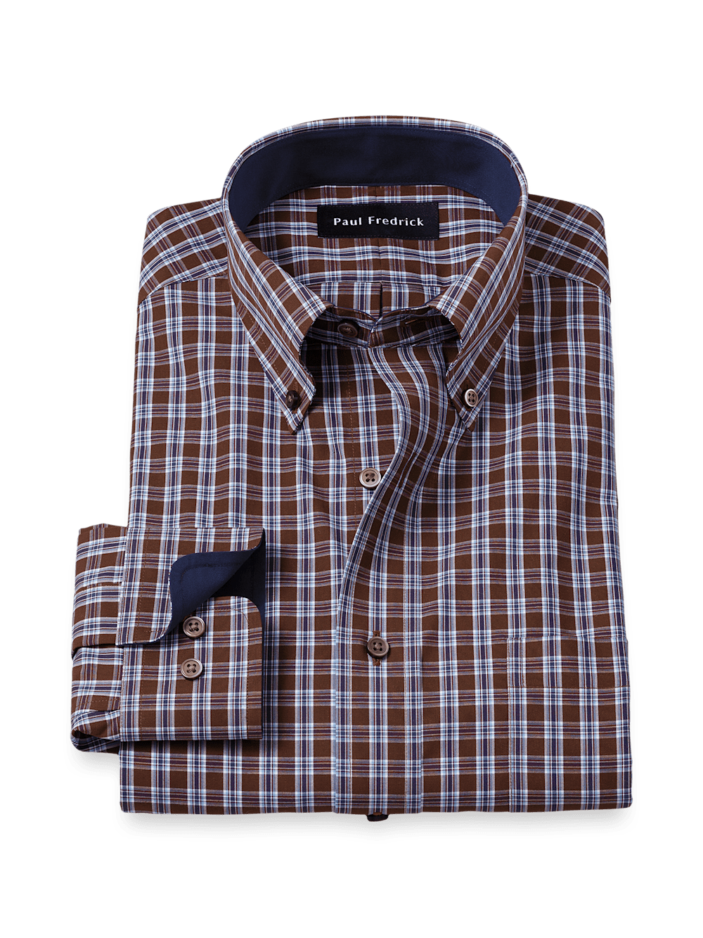 Product Image of Non-iron Cotton Plaid Dress Shirt With Contrast Trim-Brown/Blue