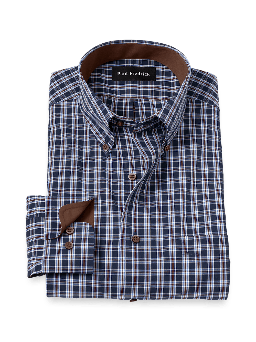 Product Image of Non-iron Cotton Plaid Dress Shirt With Contrast Trim-Navy/Brown