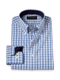 Non-Iron Cotton Plaid Dress Shirt With Contrast Trim - Blue