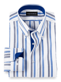 Non-Iron Cotton Stripe Dress Shirt With Contrast Trim - Blue