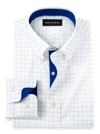Non-Iron Cotton Check Dress Shirt With Contrast Trim - Blue