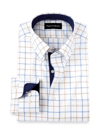 Non-Iron Cotton Check Dress Shirt With Contrast Trim - Blue/tan