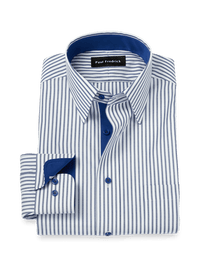Comfort Stretch Non-Iron Stripe Dress Shirt With Contrast Trim - White/navy