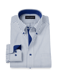 Comfort Stretch Non-Iron Stripe Dress Shirt With Contrast Trim - White/navy
