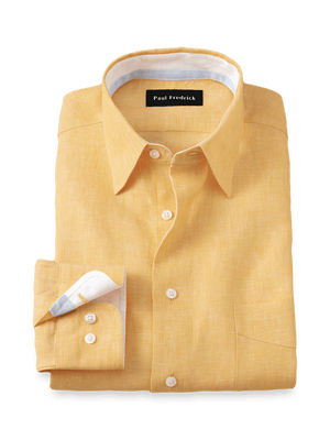 Non-Iron Linen Solid Dress Shirt With Contrast Trim - Yellow