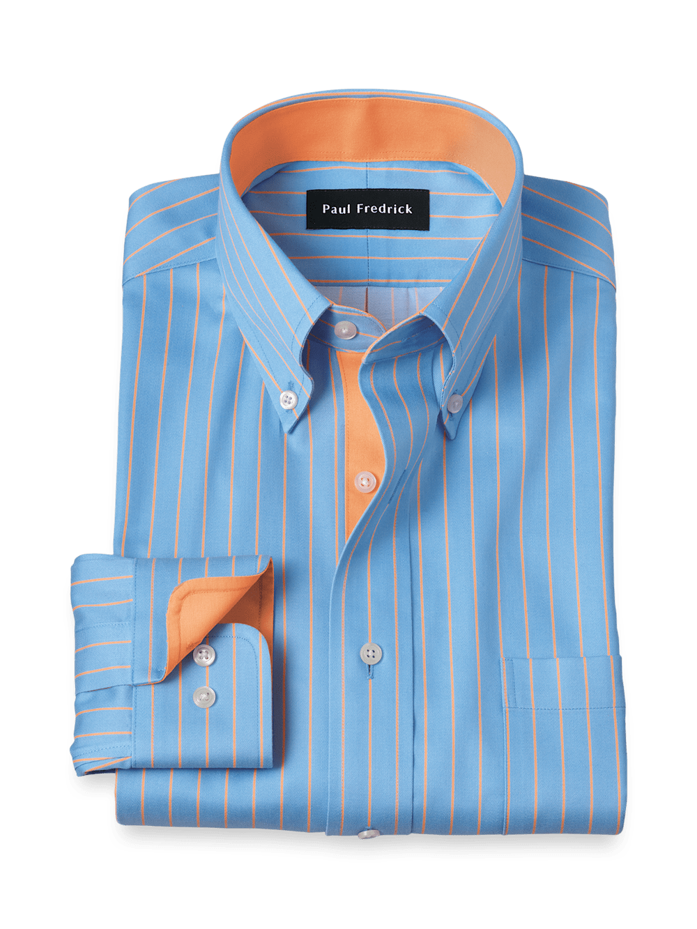 Product Image of Comfort Stretch Non-iron Stripe Dress Shirt With Contrast Trim-Blue/Melon