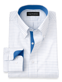 Non-Iron Cotton Check Dress Shirt With Contrast Trim - Blue