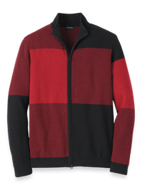 Cotton Full Zip Mock Neck Sweater - Red/black