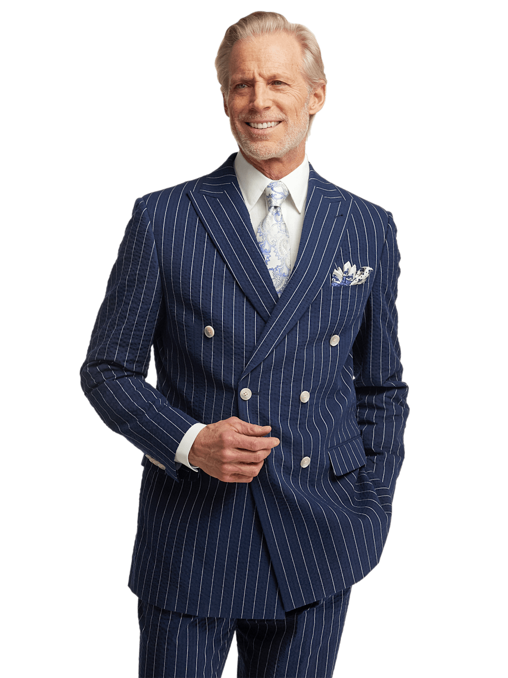 Alternate Image of Cotton Stretch Pinstripe Seersucker Double Breasted Peak Lapel Suit Jacket-1