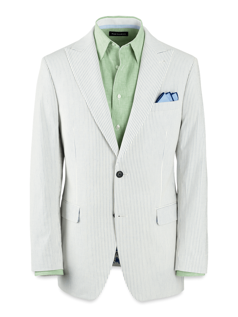Product Image of Cotton Stretch Stripe Seersucker Single Breasted Peak Lapel Suit Jacket-White/Blue