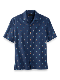 Linen Blend Novelty Print Casual Shirt - Navy