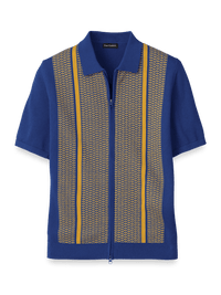 Cotton Full Zip Polo - Cobalt/yellow